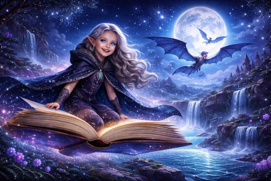 Une elfe de la nuit chevauche un livre volant dans un monde enchanté